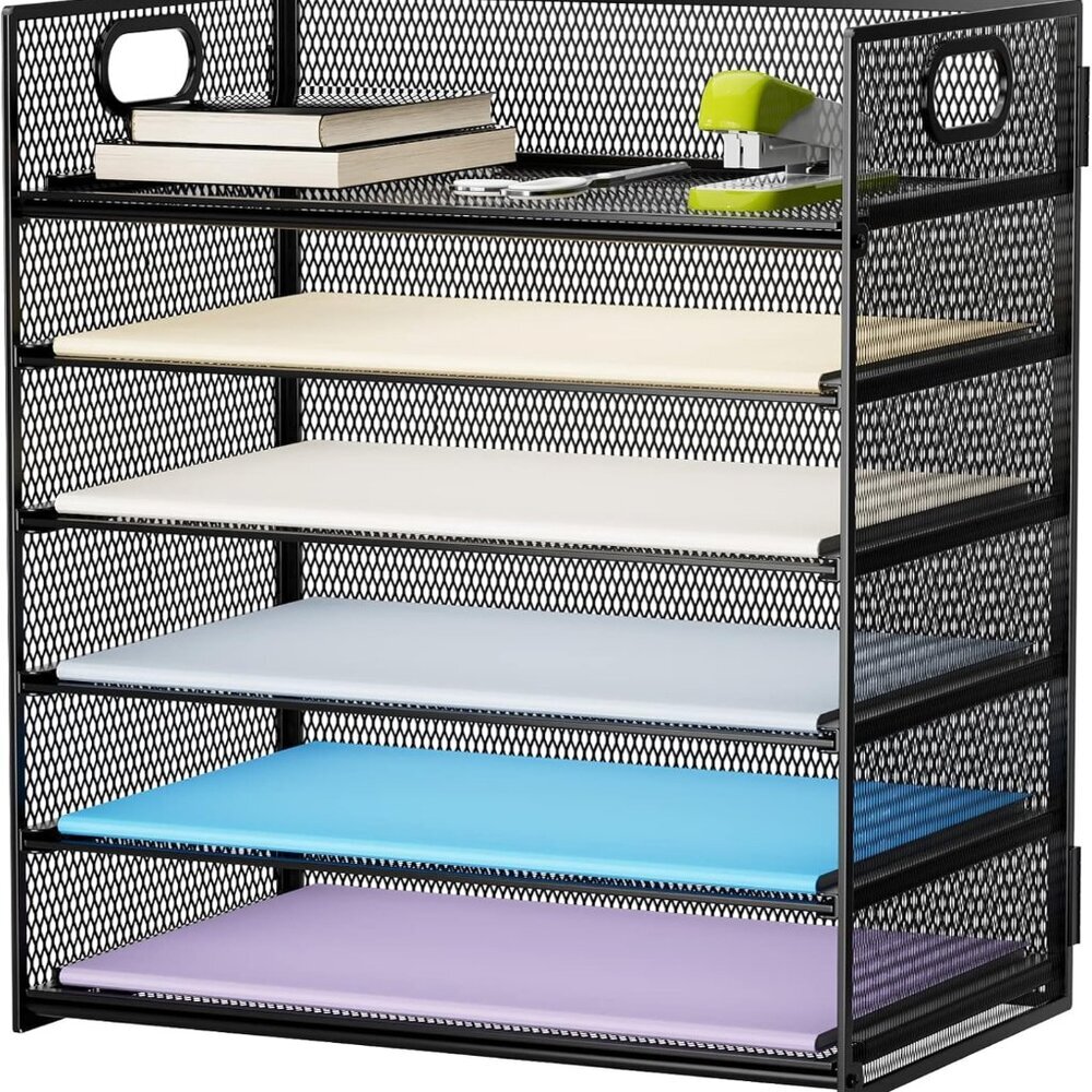 6 Tier Paper Organizer Letter Tray - Mesh Desk File Organizer with Handle, Paper